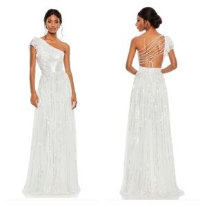 MAC DUGGAL 5565 NWT Sequined One Shoulder Flutter Sleeve A Line Gown